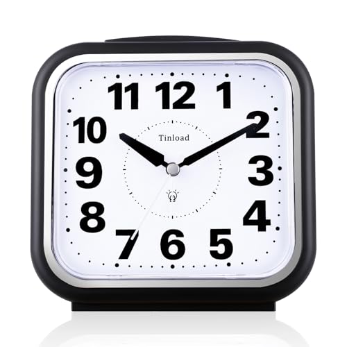Tinload 5.5' Large No Ticking Analog Alarm Clock,Silent Readable for Seniors,Easy to Set,Gradual Rise Alarm,Big Numbers,Gentle Wake,Snooze, Lighted on Demand,Battery Operated,Black