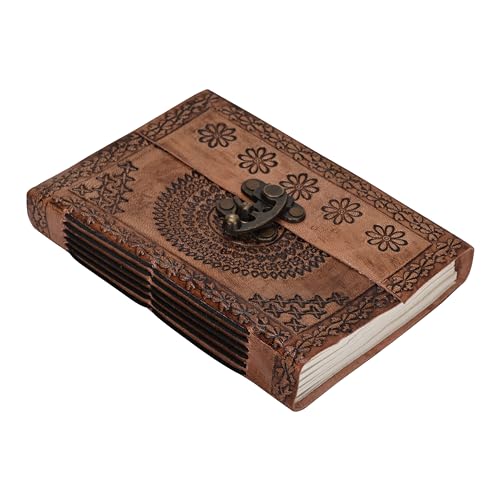 M&N Designs Vintage Leather Journal with Lock Closure, Hand-Made Paper - Traditional, Vegan, 7