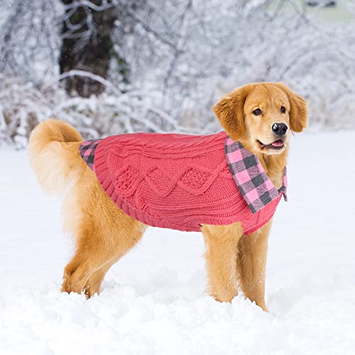 Pedgot Pack Of 2 Turtleneck Knitted Dog Sweater Soft And Warm Pet Winter Clothes Classic Cable Knit Plaid Patchwork Pet Sweater For Large Dogs (Gray, Pink, L) #TOP3