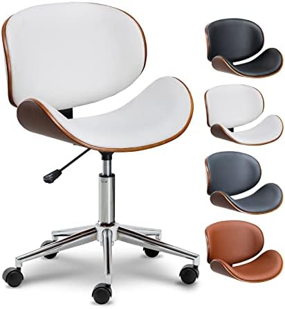OKAKOPA White Armless Office Chair Small Desk Chair 360° Swivel Height Adjustable Modern Office Chair Ergonomic Curved Wood Computer Chairs Armless Leather Desk Chair with Wheels (White)