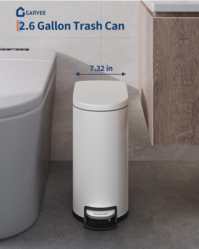 Image of Garvee 13 gal (50 L) and 2.6 gal (10 L) Metal Trash Can Combo Set, Rustproof Garbage Can with Lid, Step-on Trash Bin with Inner Bucket, Rear Handle, White
