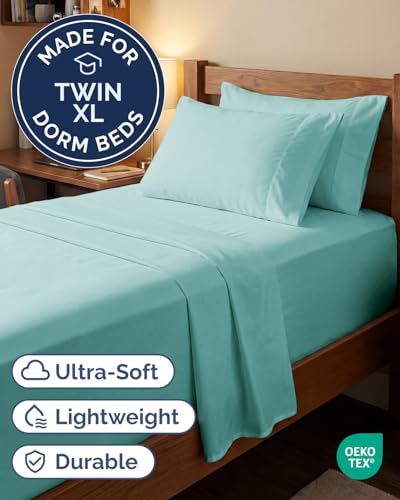 Image of Extra Deep Twin XL Sheet Set - 4 Piece Breathable Cooling Sheets - Spa Blue | Hotel Luxury Bed Sheets Set, Easy & Secure Fit, Ultra-Soft, Wrinkle & Fade Free, Comfy Sheets Set with Extra Deep Pockets