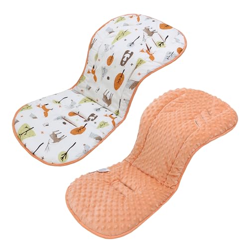 Baby Stroller Cushion,Soft Minky Dotted and Printed Stroller Seat Liner-Reversible Universal Breathable and Soft Newborn Stroller Pad,Cotton Infant Car Seat Insert-82x37cm,1 Pack(Orange Fox+Rabbit)