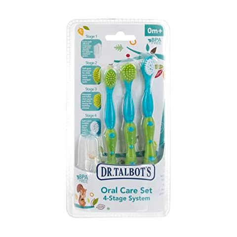 Dr. Talbot's Oral Care Set with Stand; 4-Stage System with 1 Silicone Finger Massager, 2 Massaging Brushes, 1 Soft Nylon Bristle Toddler Toothbrush; 0+ Months, Blue & Aqua Cover
