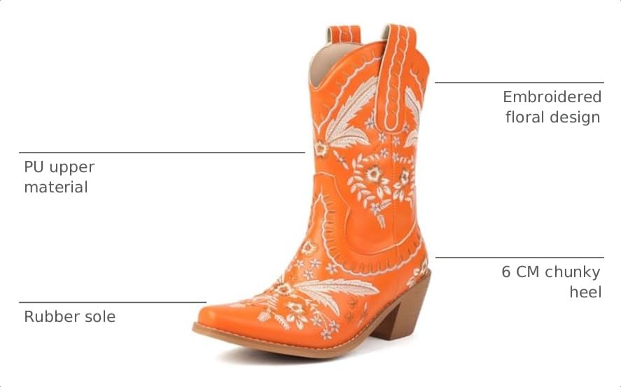 Image of Womens Embroidered Cowgirl Boots Pull On Cowboy Boots for Women Floral Low Chunky Heel Western Boots