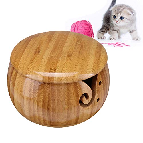 RoseFlower 5.12 Cuenco de Hilo de Madera con Tapa para Tejer y Hacer Ganchillo - Echo a Mano Soporte de Lana Organizador de Cuenco de Almacenamiento de Lana con Agujeros tallados y taladros Cover