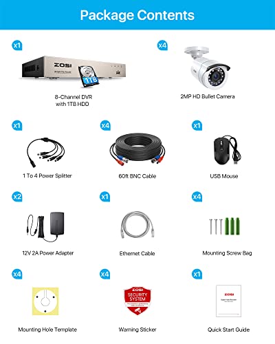 Miniatura 9 de Zosi 1080p Kit De Videovigilancia Sistema De Seguridad 8ch 2mp Grabador Dvr 4 Cámara De Vigilancia Exterior, 20m Visión Nocturna, Detección De Movimiento, 1tb Disco Duro