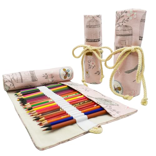 Image of Lopenle Butterfly Colored Pencil Wrap Canvas Floral Roll Up Holders Birds Pencil Organizers for Artist Coloring Travel Storage with 24 Slots(Flower Butterflies Birds)