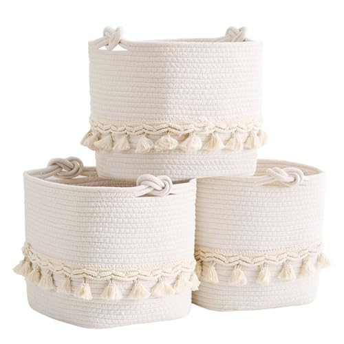 Image of LGENHOOM Square Storage Baskets Storage Cubes Closet Storage Baskets 11 Inch Cotton Rope Woven Baskets for Organizing 3-Pack Boho Organizer with Macrame Tassels,White
