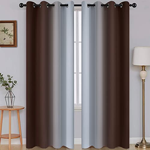 Image of SimpleHome Ombre Brown to Grey White Curtains for Living Room 52Wx84L | Room Darkening Curtains for Bedroom,Gradient Light Blocking Curtain,Thermal Insulated Grommet Window Drapes,2 Panels,84 Inch