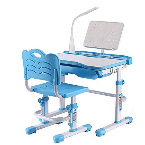 RUIVIVRE Kids Desk, Children Study Table and Chair Set, Height Adjustable Childs Desk w/Lamp School Student Writing Desk w/Pull Out Drawer Storage,Pencil Case,Bookstand (Blue)