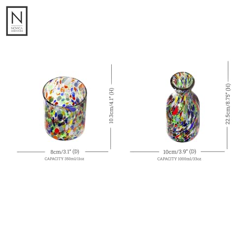 NOVICA Artisan Crafted Handblown Jubilant Recycled Glass Carafe Cup | Dishwasher Safe | Home Decor | Crackled Finish | Handmade Decanter | Tableware Drinkware Beverages | Mexico ' Decanters' (Pair)