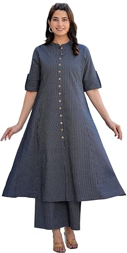 Image of Yash Gallery Women's Cotton Printed A-Line Kurta with Pant Set |Lilac Geometric Print|Mandarin Collar, Front Buttons & Short Roll-Up Sleeves|Casual & Office Ethnic Wear