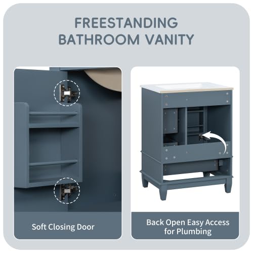 Image of Bellemave Bathroom Vanity with Ceramic Sink & 3 Drawers, 24 inch Bathroom Cabinet with Storage Shelves & Solid Wood Base, Freestanding Vanity Cabinet with Organizer (Blue Gray /24)