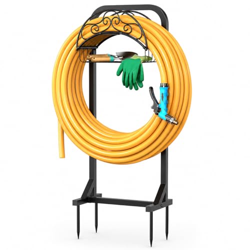 Protytan Garden Hose Holder Water Hose Reel Stand with Storage Basket Holds 160ft, Heavy Duty Freestanding Hose Stand with Triangular Base, Metal Hanger for Outside Yard Lawn, Black by Protytan - Used condition - US$20.97