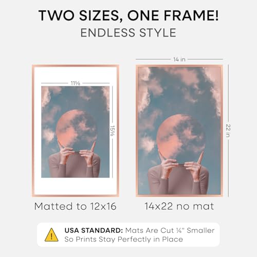 Image of Homeforia 14x22 Picture Frame Rose Gold, High End Metal 14x22 Poster Frames with Mat 12x16 inch Photo, 14 x 22 Rose Gold Frame Matted to 12 by 16 Print, 22x14 Frame, Tempered Glass, Wall Kit, Set of 1