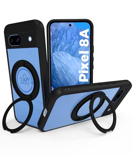 Image of RIGGEAR Shockproof Sleek Hybrid Armor 360 Rotating Magnetic Ring Stand Back Cover Case Compatible with MagSafe Accessories for Google Pixel 8A (Clear PC + Black TPU Bumper)