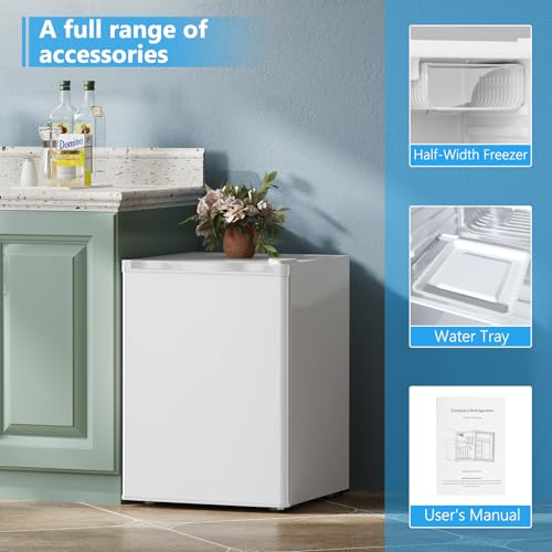 Image of COWSAR 2.6 Cu.Ft Mini Fridge with Freezer, Single-Door Compact Refrigerator, 7 Settings Temperature Adjustable, 2 Removable Shelves, Commercial Small fridge for Bedroom, Office, Kitchen, Dorm, White