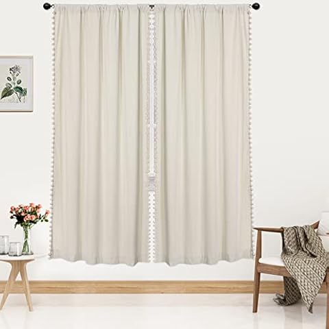 CAROMIO Velvet Blackout Curtains Pom Pom Bedroom Thermal Insulated Curtains Room Darkening Rod Pocket Window Treatments for Living Room Bedroom Nursery Elegant Cream 42 x 72 Inch 2 Panels Cover