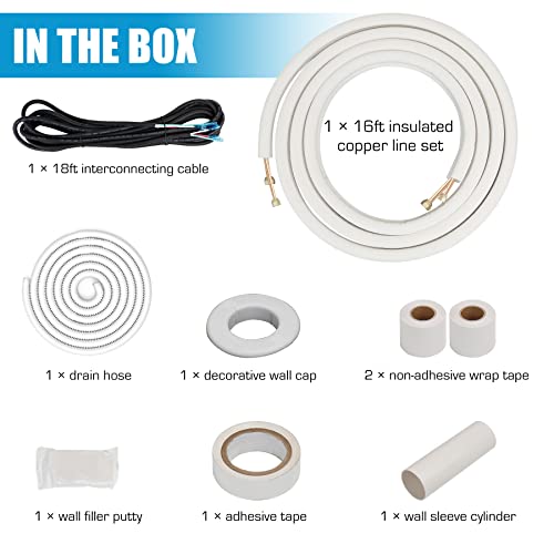 Air Jade 16 Ft. Mini Split Line Set, 1/4 & 3/8 Inch O.d. & 3/8" Pe Thickened Insulated Coil Copper Pipes With Fittings, For Ductless Mini Split Air Conditioning, Heat Pump Systems #TOP7