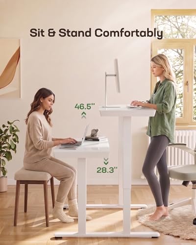Image of Marsail Glass Standing Desk with Drawer, 47.24 inch Electric Standing Desk, Height Adjustable Desk with One-Piece Tabletop & USB Charging Ports, Sit Stand Desk with Storage for Home & Office White