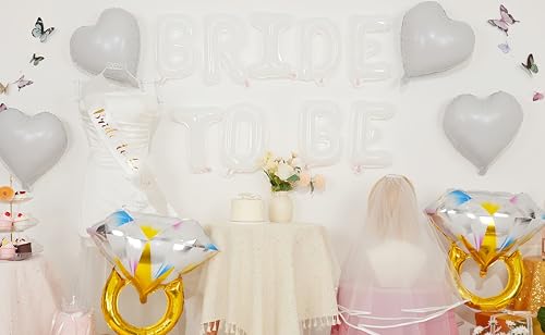 White Bachelorette Party Decorations, White Bride to Be Banner Heart Balloons with Diamond Ring Foil Balloon, Gold Bride to Be Sash&Veil for Bachelorette Engagement Gift Bridal Shower Party Supplies — view 3