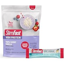 SlimFast High Protein Fruit Powder, Triple Berry Vanilla, Protein Powder Meal Replacement, 21 Servings, + SlimFast Hydration Packets, Electrolytes, Interrmittent Fasting, Apple Cider Vinegar, 12 Count