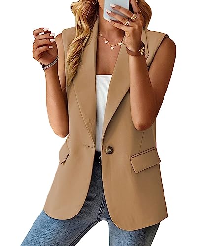 Sleeveless Blazers for Women Lapel Open Front Vest Jacket Cardigan Casual One Button Work Office Blazer with Pockets4