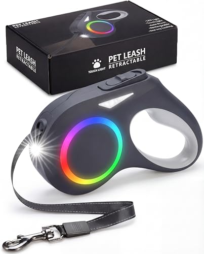 犬 リード 伸縮 ロングリード LED ライト付き 光る 長さ5m 自動巻き ストラップ付き リフレクター 光反射 夜散歩 小・中型犬用 [長さ:5m 適応体重30kg]