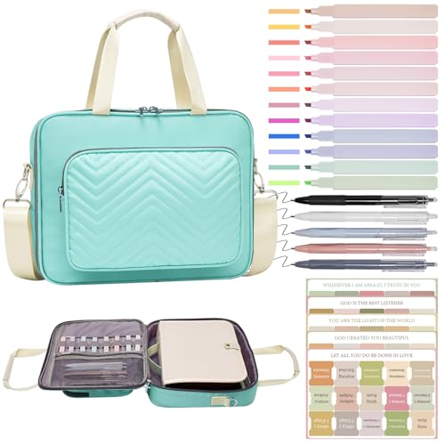 Xihan Waterproof Bible Bag for Women With Detachable Case,Quilted Bible Bag with Leather Handle,Bible Journaling Kit: 5 Pens, 12 Highlighters, 72 Tabs,Christian Travel Carrier (Green)