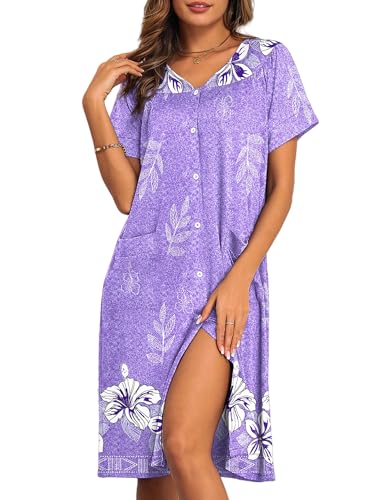 Image of Ekouaer House Dresses for Women with Pockets Button Down Nightgowns Plus Size Moo Moos Mumu Dresses Floral Print S-3XL