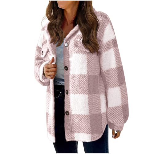Sherpa Jacket Women Long Sleeve Button Down Fuzzy Fleece Plaid Jackets Fall Fashion Shacket Winter Shearling Coat4