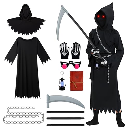 RoserRose Disfraz de Sensenmann para niños, con cadena de guadaña, guantes, cuaderno, luz de calavera y gafas brillantes, disfraz de Halloween para niños, juego de parca para cosplay, L