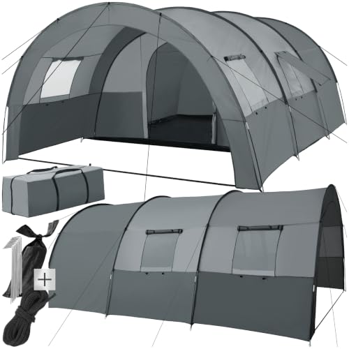 tectake Tunnelzelt 6 Personen Familienzelt Zelt groß mit Vorzelt und Bodenplane UV-Schutz Camping Zelt inkl. Tragetasche 350 x 480 x 195 cm - dunkelgrau/hellgrau