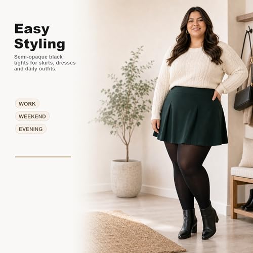 Image of HeyUU Plus Size 80D Semi-Opaque Tights, Soft High Waist, XL-4XL | Curvy Fit,No-Roll Waist,Soft Stretch,Smooth Coverage,Everyday Wear