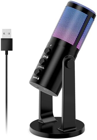 USB Gaming Mic, RGB Microphone with Cancellation & Mute Control, Plug and Play Condensor Mic, Computer Microphone for PC Podcast Mic for PS4/5，Recording mic Suitable for YouTube