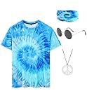 Inrajoper Hippie Costume for Men 60s 70s Colorful T-Shirt Outfits 4 PCS Accessories Set for Theme Party Blue Large