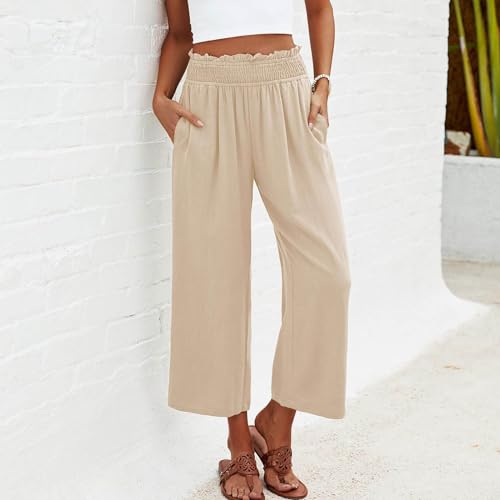 Womens Capri Pants with Pockets High Waist Linen Capris Summer Casual Wide Leg Palazzo Harem Trousers Beach Outfits2