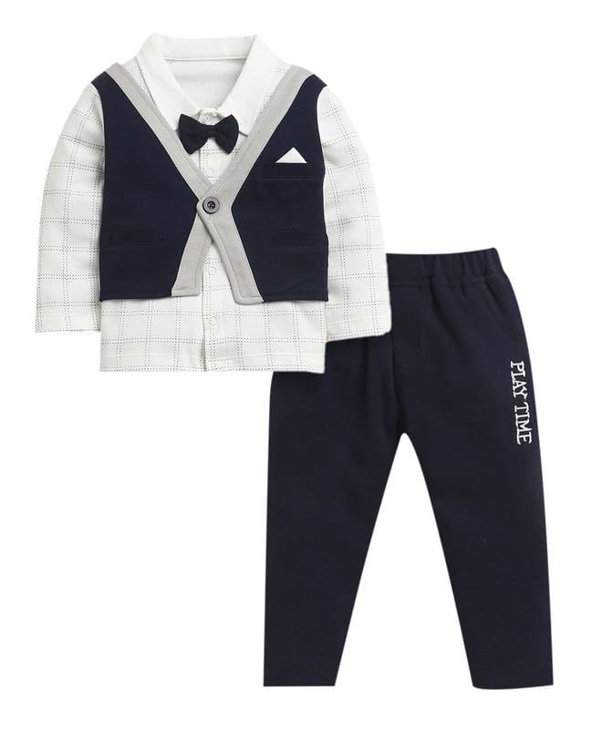 BUMZEE Conjunto formal de algodón con cuello y mangas completas para bebés y niños con lazo y chaleco adjuntos