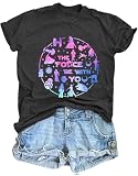 FRYAID May The Power Be with You Shirt Women Vintage Magical Tshirt Magic Graphic Tee Family Vacation Casual Short Sleeve Top Grey