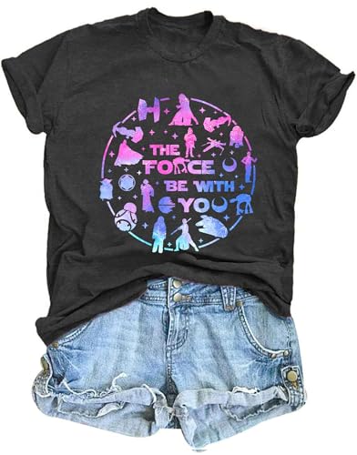 Image of FRYAID Women May The Power Be with You Graphic T Shirt Short Sleeve Casual Tops Summer Fun Vacation Shirt Soft Casual Fit