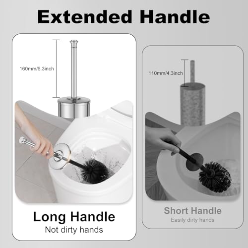 Image of Silver Toilet Brush and Holder,Long Handled Gold Toilet Brush for Bathroom,Stainless Steel Heavy Duty Toilet Bowl Brush,Removable Inner Bowl,Deep Cleaning Dense Bristles Cleaner Brush -Space Saving