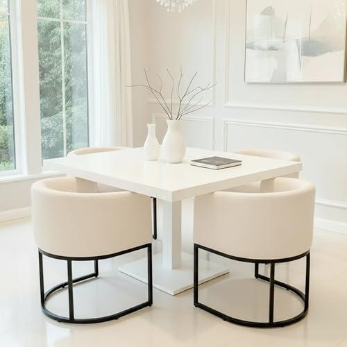 Image of HNY Mid Century Modern Upholstered Barrel Dining Chairs with Arms Set of 6, Linen Kitchen & Dining Room Chairs, 18.5 inch Wide Accent Chairs for Dining Room Living Room with Black Metal Frame, Cream