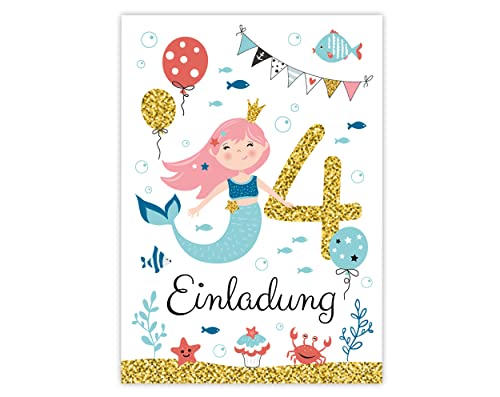 Minkocards 12 Einladungskarten zum vierten Kindergeburtstag 4. Geburtstag Mädchen Meerjungfrau Einladungen zum Geburtstag Kinder bunte Geburtstagseinladungen