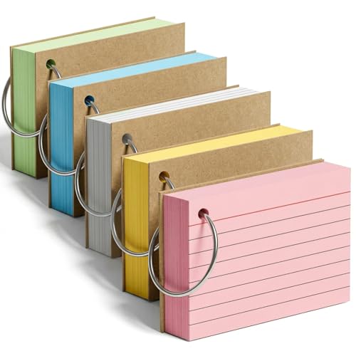 Koogel Karteikarten A8 mit Metallringen, 500er Set in 5 Farben, Lernkarten für Vokabeln, Formeln, Notizen, 7,4 x 5,2 cm