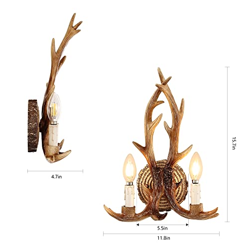 Image of Antler Wall Sconce, 1-Light Vintage Faux Deer Horn Wall Lamp, Retro Brown Hardwired Flush Mount Indoor Light Fixture for Bedroom, Hallway, Living Room, and Fireplace (Bulb Not Included)