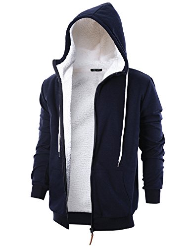 GIVON Mens Slim Fit Long Sleeve Thermal Faux Fur Zip-up Hoodie With Kanga Pocket