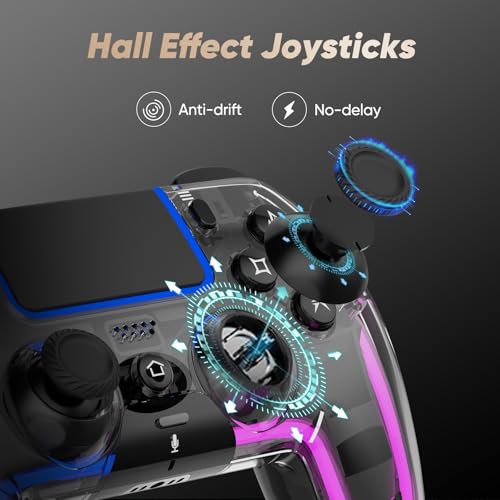 Image of BETMI Wireless Controller for PS5, Pro /Slim /MAC /Steam Deck /PC, Hall Effect Joysticks,Dual Vibration, Marco /Turbo, 3.5mm Audio Jack, 6-Axis Gyro, Mute, Bluetooth LED Gamepad with Speaker(9 Colors Single & Dual-Color LED, L Blue R Pink, Transparent)