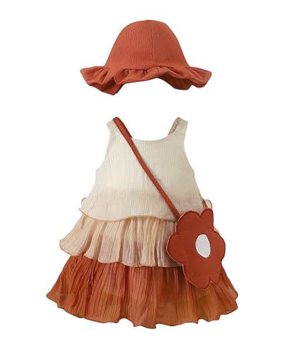 Renotemy Little Kids Girl Summer Beach Dress Toddler Girls 18 Months Clothes Brown Chiffon Ruffle Layered Sling Sundress Spring Boho Gift Outfits 18-24 Months Sleeveless Party Dresses with Hat and Bag