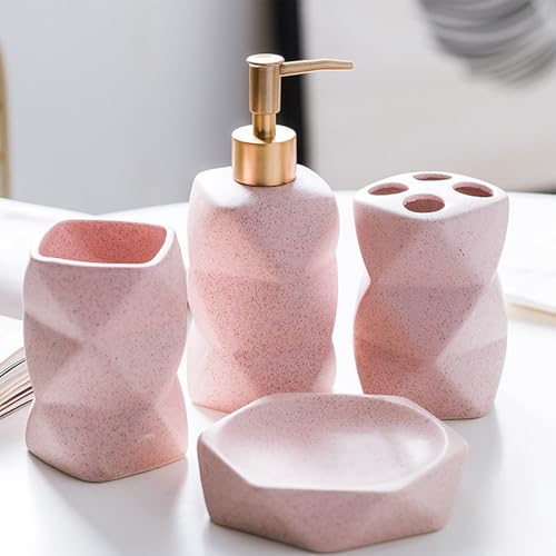 Juego de 4 piezas de baño de cerámica con soporte para cepillo de dientes, dispensador de jabón, jabonera, vaso para cepillo de dientes, regalo ideal para el hogar (rosa)